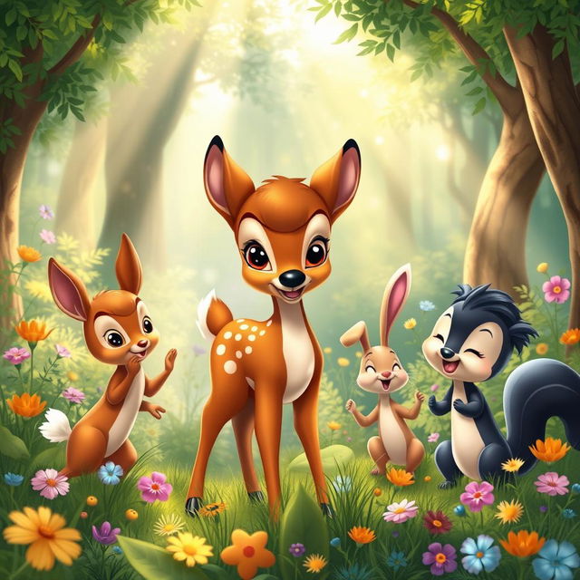 A whimsical, enchanting scene in a lush forest, featuring a group of adorable anthropomorphic animals celebrating a joyful occasion