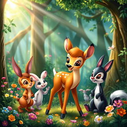 A whimsical, enchanting scene in a lush forest, featuring a group of adorable anthropomorphic animals celebrating a joyful occasion