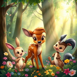 A whimsical, enchanting scene in a lush forest, featuring a group of adorable anthropomorphic animals celebrating a joyful occasion