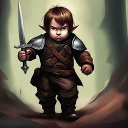 A high-quality digital art piece that vividly portrays a halfling rogue, clad in textured leather armor, lurking in the shadows with two gleaming daggers at the ready