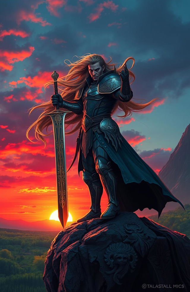 A mystical warrior, clad in ornate armor, standing defiantly atop a rocky cliff overlooking a vibrant sunset