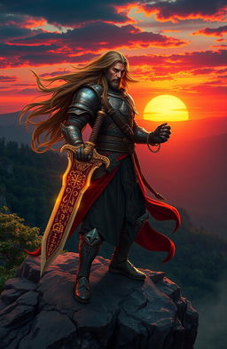 A mystical warrior, clad in ornate armor, standing defiantly atop a rocky cliff overlooking a vibrant sunset