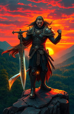 A mystical warrior, clad in ornate armor, standing defiantly atop a rocky cliff overlooking a vibrant sunset