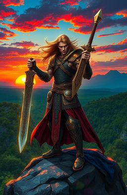 A mystical warrior, clad in ornate armor, standing defiantly atop a rocky cliff overlooking a vibrant sunset
