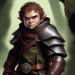 A high-quality digital art piece that vividly portrays a halfling rogue, clad in textured leather armor, lurking in the shadows with two gleaming daggers at the ready