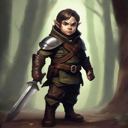 A high-quality digital art piece that vividly portrays a halfling rogue, clad in textured leather armor, lurking in the shadows with two gleaming daggers at the ready