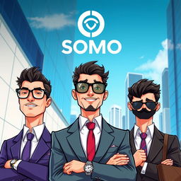 A vibrant digital illustration featuring characters from the SOMO NFT collection, depicted as stylish and confident businessmen