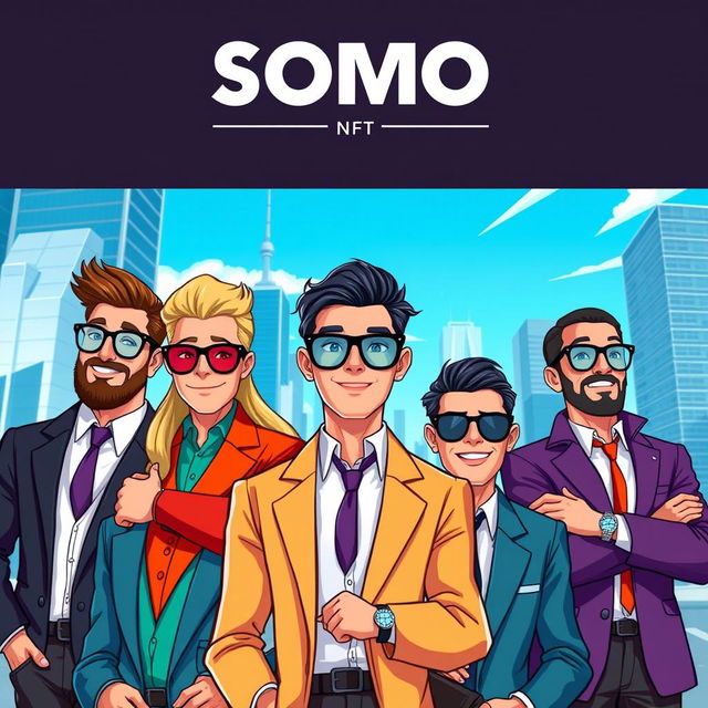 A vibrant digital illustration featuring characters from the SOMO NFT collection, depicted as stylish and confident businessmen