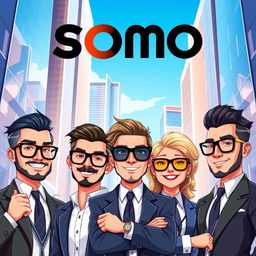 A vibrant digital illustration featuring characters from the SOMO NFT collection, depicted as stylish and confident businessmen