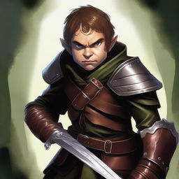 A high-quality digital art piece that vividly portrays a halfling rogue, clad in textured leather armor, lurking in the shadows with two gleaming daggers at the ready