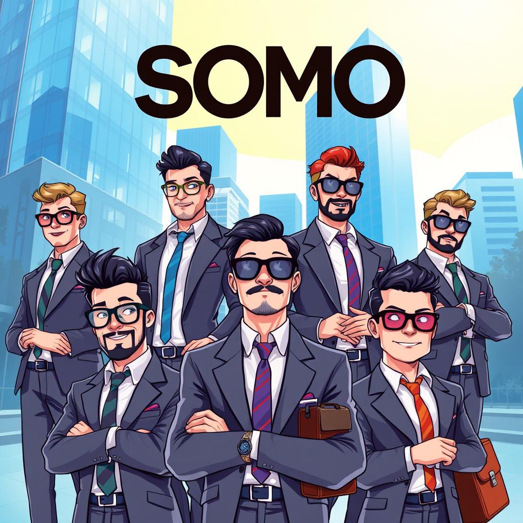 A vibrant digital illustration featuring characters from the SOMO NFT collection, depicted as stylish and confident businessmen