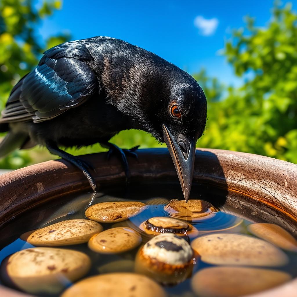 A realistic depiction of a crow attempting to drink water from a pot