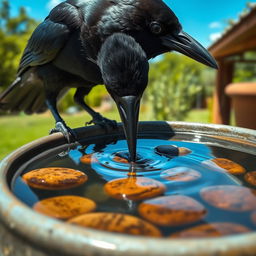 A realistic depiction of a crow attempting to drink water from a pot