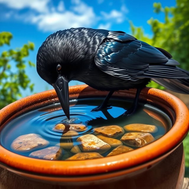 A realistic depiction of a crow attempting to drink water from a pot