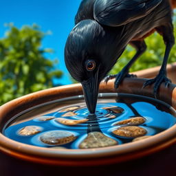 A realistic depiction of a crow attempting to drink water from a pot