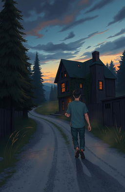 An illustration for a Wattpad cover featuring two friends, a young man and a woman, walking towards a mysterious, dilapidated old house at dusk