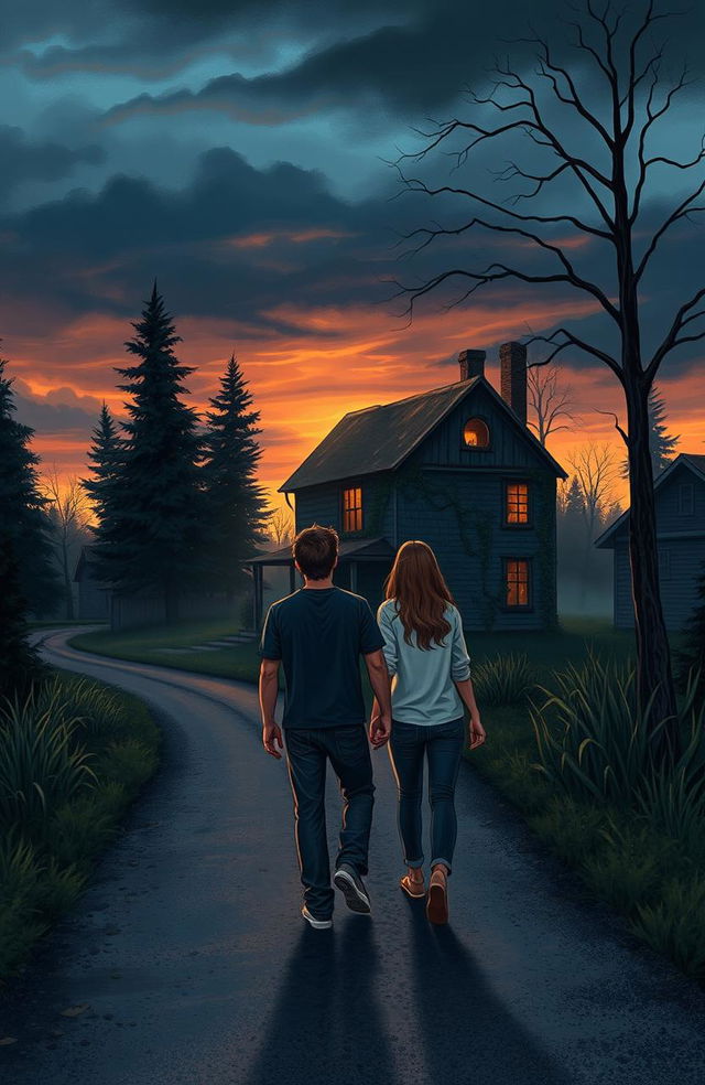 An illustration for a Wattpad cover featuring two friends, a young man and a woman, walking towards a mysterious, dilapidated old house at dusk