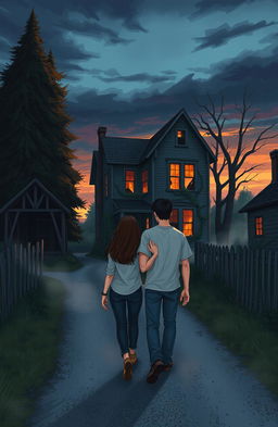 An illustration for a Wattpad cover featuring two friends, a young man and a woman, walking towards a mysterious, dilapidated old house at dusk