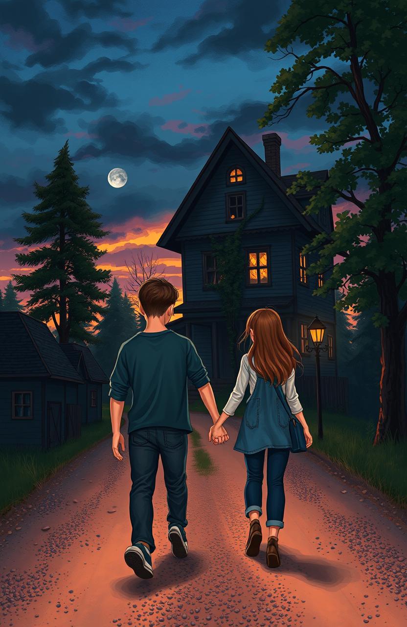 An illustration for a Wattpad cover featuring two friends, a young man and a woman, walking towards a mysterious, dilapidated old house at dusk