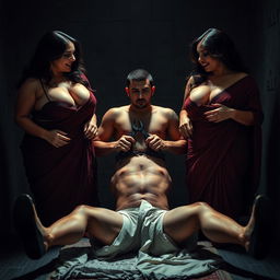 An intense interrogation room scene featuring two seductive and curvy women in alluring sarees, proudly displaying their ample curves and prominent cleavage