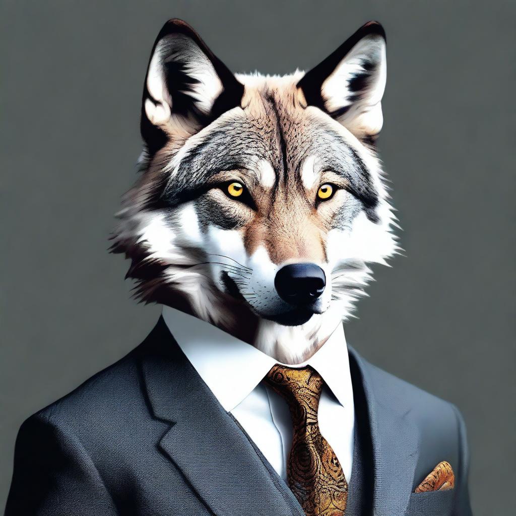 A high-quality digital art image featuring a wolf, standing upright, adorned in an elegant suit