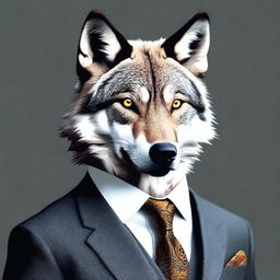 A high-quality digital art image featuring a wolf, standing upright, adorned in an elegant suit