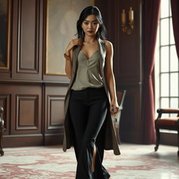 A photorealistic image depicting a slender Asian girl on a leash held by a well-dressed dominant lady