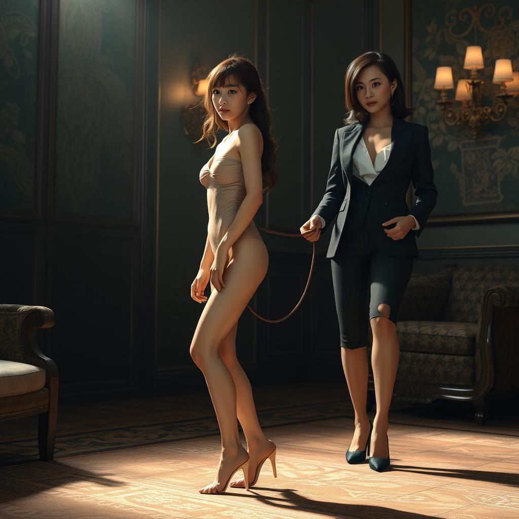 A photorealistic image depicting a slender Asian girl on a leash held by a well-dressed dominant lady