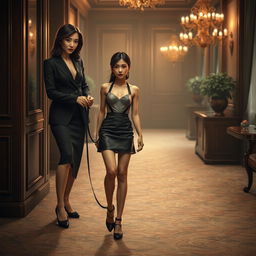A photorealistic image depicting a slender Asian girl on a leash held by a well-dressed dominant lady