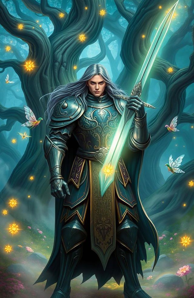 A mystical knight standing proudly in an enchanted forest, adorned with intricate armor that glimmers with magical runes