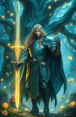 A mystical knight standing proudly in an enchanted forest, adorned with intricate armor that glimmers with magical runes
