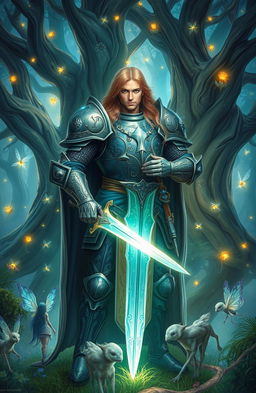 A mystical knight standing proudly in an enchanted forest, adorned with intricate armor that glimmers with magical runes