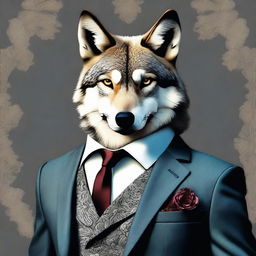 A high-quality digital art image featuring a wolf, standing upright, adorned in an elegant suit