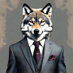 A high-quality digital art image featuring a wolf, standing upright, adorned in an elegant suit