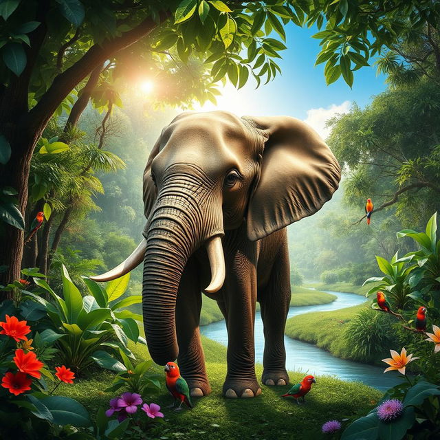 A visually stunning and realistic elephant standing majestically in a lush green jungle surrounded by vibrant flora and fauna