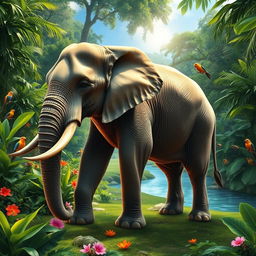 A visually stunning and realistic elephant standing majestically in a lush green jungle surrounded by vibrant flora and fauna