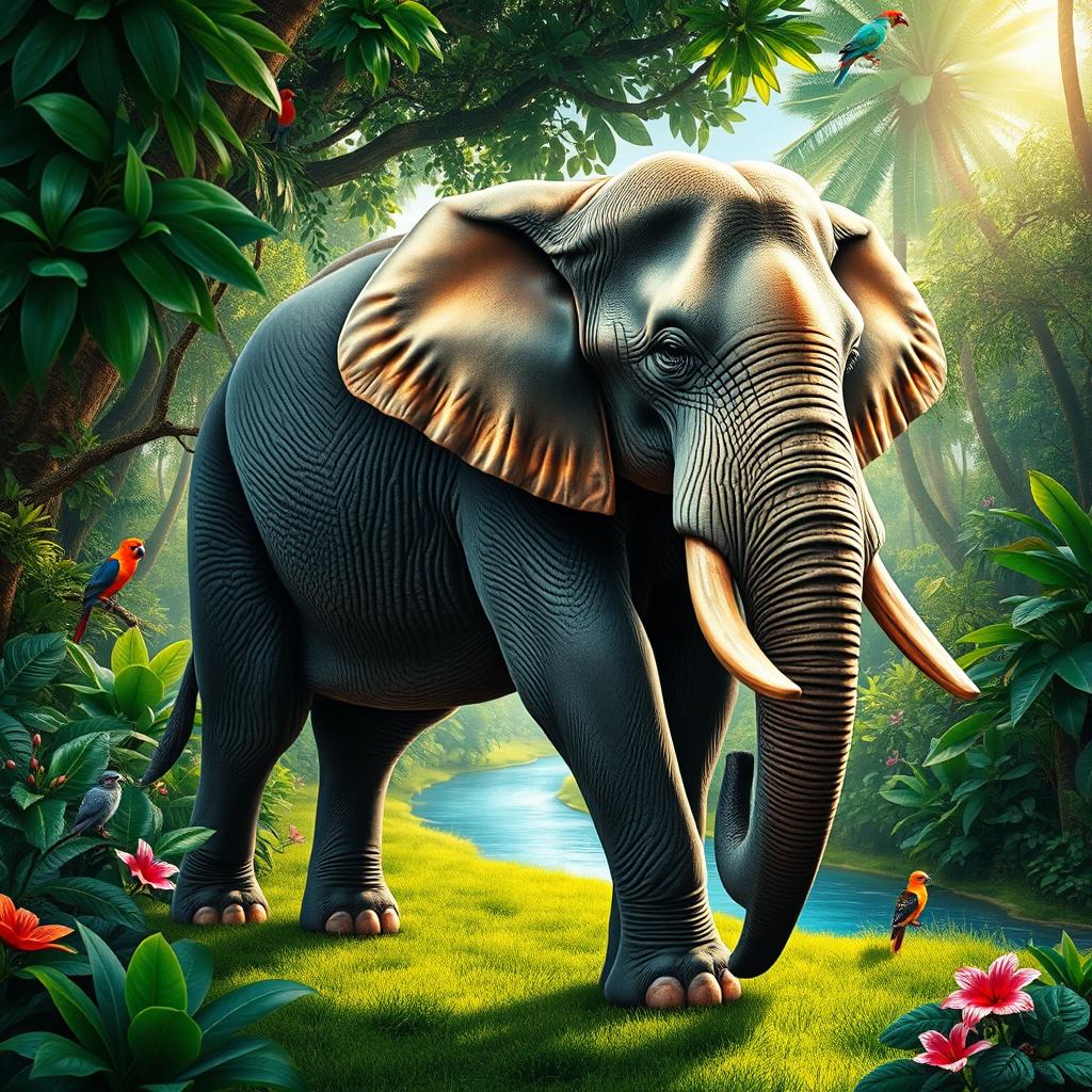 A visually stunning and realistic elephant standing majestically in a lush green jungle surrounded by vibrant flora and fauna