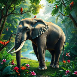 A visually stunning and realistic elephant standing majestically in a lush green jungle surrounded by vibrant flora and fauna