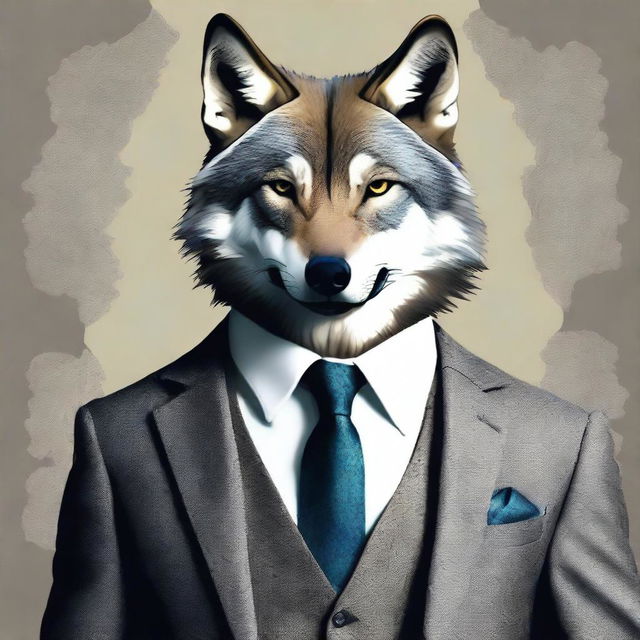 A high-quality digital art image featuring a wolf, standing upright, adorned in an elegant suit