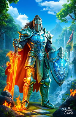 A heroic elemental knight, standing proud in a lush, mystical landscape