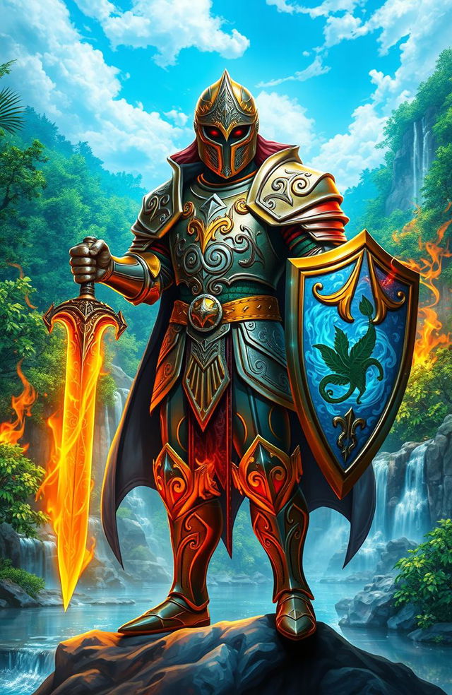 A heroic elemental knight, standing proud in a lush, mystical landscape