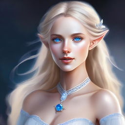 Depict a digital art image of a blonde half-elf woman with striking blue eyes and tanned skin