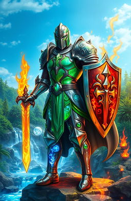 A heroic elemental knight, standing proud in a lush, mystical landscape