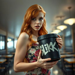 A close-up shot of a gorgeous female redhead with a large chest, wearing a floral pattern sundress that accentuates her figure, elegantly holding a large black container featuring the 'SLiKK' graffiti logo