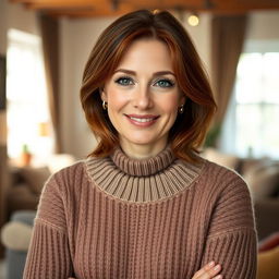 A woman aged 30 to 45, characterized by her chestnut brown hair and quintessential European features, is dressed in a cozy and stylish sweater