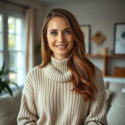 A woman aged 30 to 45, characterized by her chestnut brown hair and quintessential European features, is dressed in a cozy and stylish sweater
