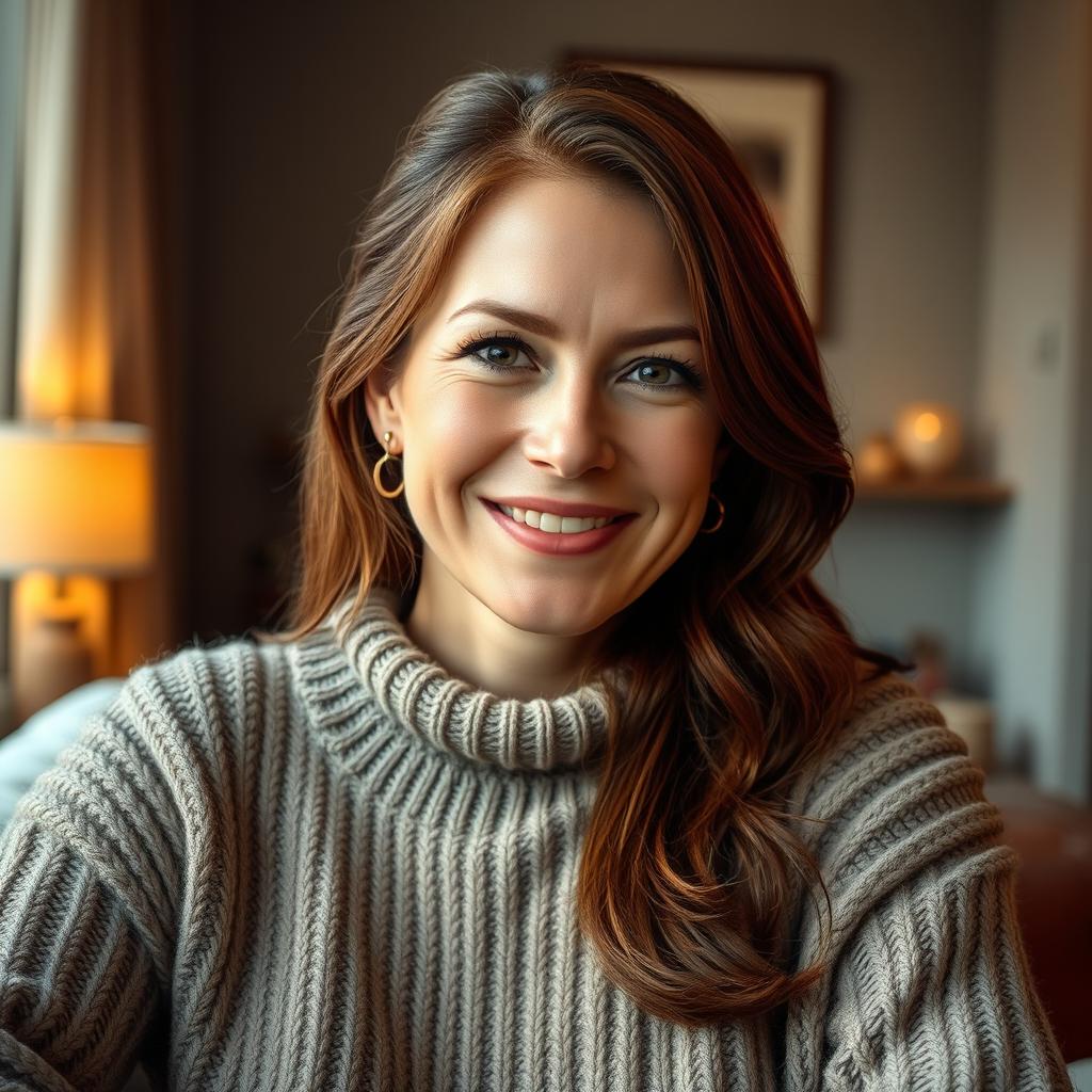 A woman aged 30 to 45, characterized by her chestnut brown hair and quintessential European features, is dressed in a cozy and stylish sweater