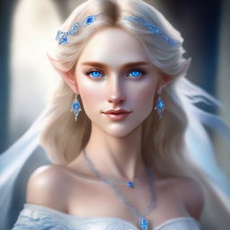 Depict a digital art image of a blonde half-elf woman with striking blue eyes and tanned skin