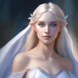 Depict a digital art image of a blonde half-elf woman with striking blue eyes and tanned skin