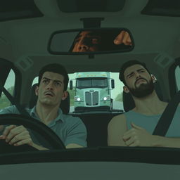 An abstract depiction of a tense scene inside a car, focusing on the interior and the emotional atmosphere rather than specific faces